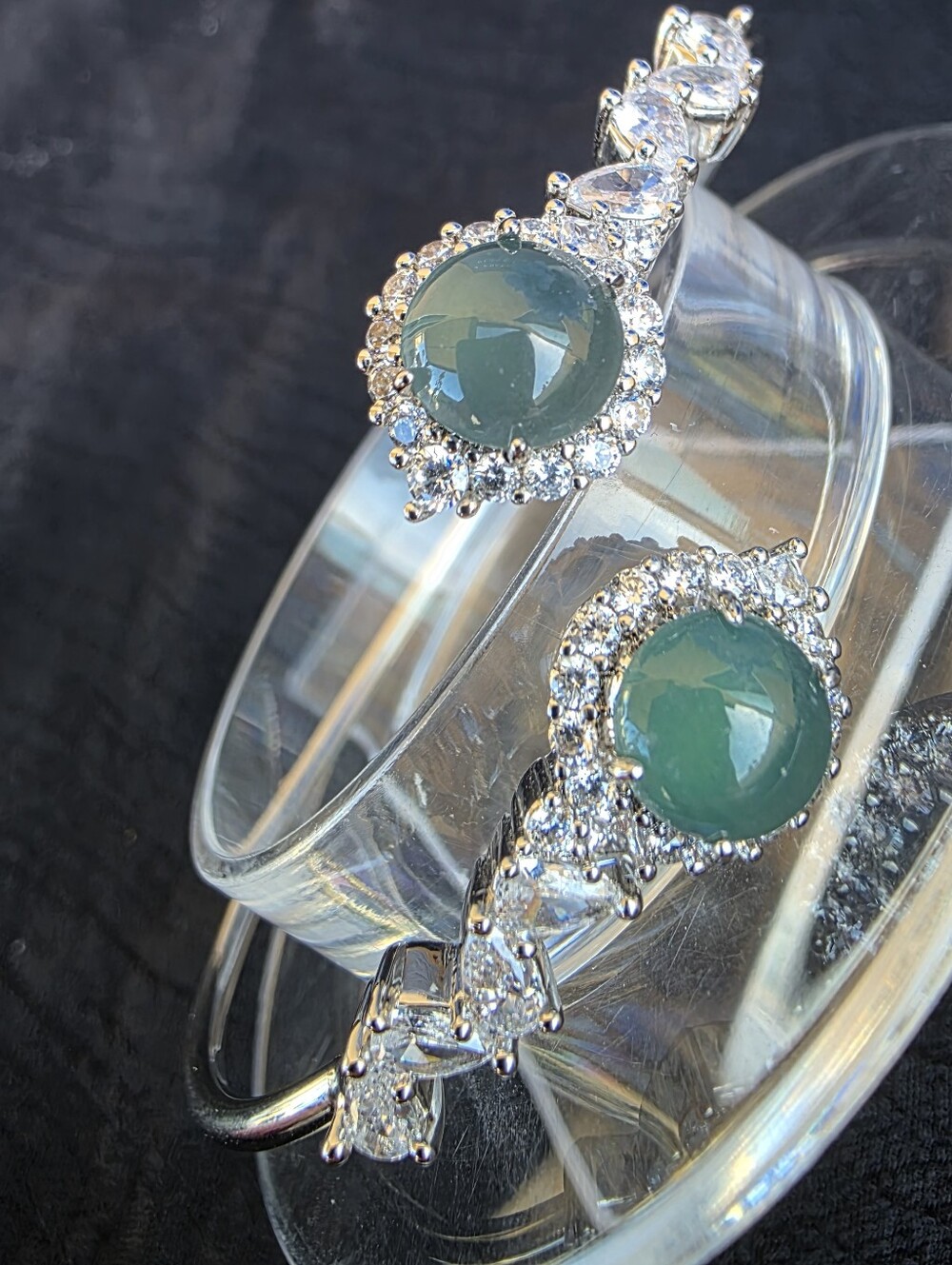 Green Jade Bangle - Silver Tone